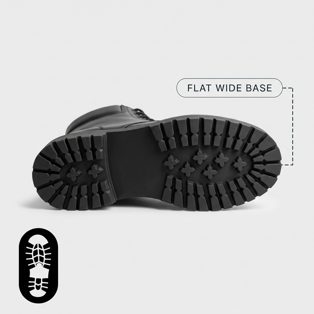 A broad, flat sole with real tread. We walk every sole over wet paving before we take it on.